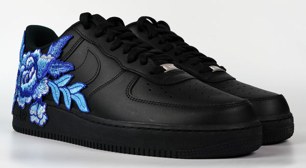 Nike Air Force 1 Custom Shoes Black Rose Blue Flower Floral Low Men Women Kids All Sizes Front