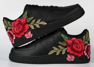 Nike Air Force 1 Custom Shoes Black Rose Red Flower Floral Low Men Women Kids All Sizes Stacked