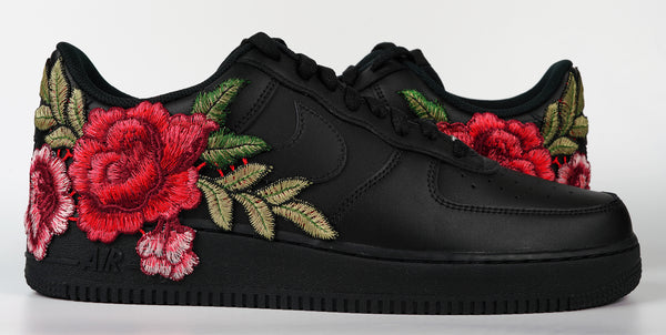 Nike Air Force 1 Custom Shoes Black Rose Red Flower Floral Low Men Women Kids All Sizes Side to Side