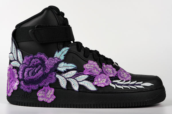 Nike Air Force 1 Custom Shoes High Black Purple Rose Flower Floral Men Women Kids All Sizes Side