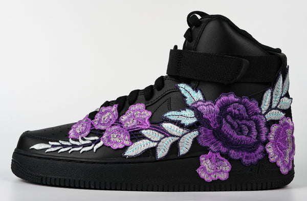 Nike Air Force 1 Custom Shoes High Black Purple Rose Flower Floral Men Women Kids All Sizes Rear Side