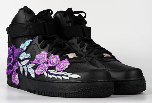 Nike Air Force 1 Custom Shoes High Black Purple Rose Flower Floral Men Women Kids All Sizes Front