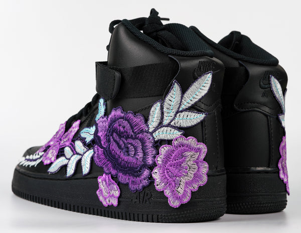 Nike Air Force 1 Custom Shoes High Black Purple Rose Flower Floral Men Women Kids All Sizes Rear