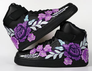 Nike Air Force 1 Custom Shoes High Black Purple Rose Flower Floral Men Women Kids All Sizes Stacked
