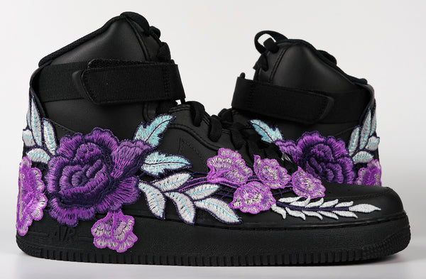 Nike Air Force 1 Custom Shoes High Black Purple Rose Flower Floral Men Women Kids All Sizes Side to Side