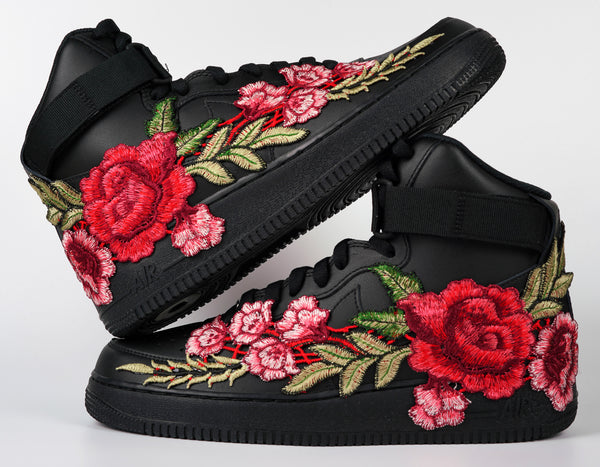Nike Air Force 1 Custom Shoes High Black Red Rose Flower Floral Men Women Kids All Sizes Stacked