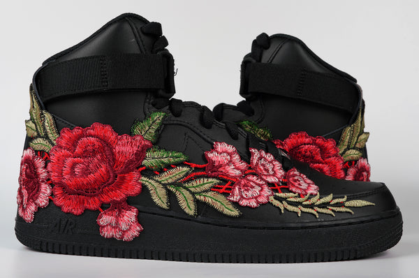Nike Air Force 1 Custom Shoes High Black Red Rose Flower Floral Men Women Kids All Sizes Side to Side