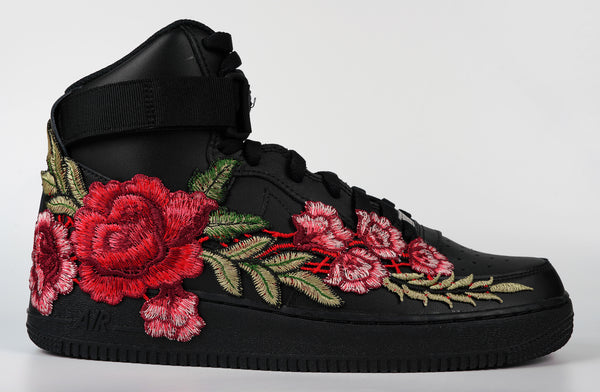 Nike Air Force 1 Custom Shoes High Black Red Rose Flower Floral Men Women Kids All Sizes Side