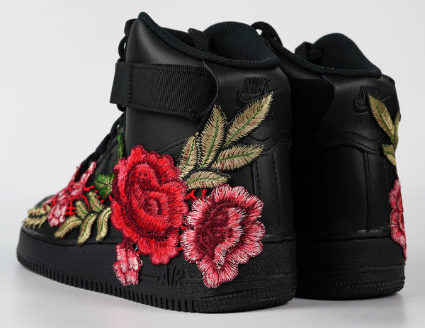 Nike Air Force 1 Custom Shoes High Black Red Rose Flower Floral Men Women Kids All Sizes Rear