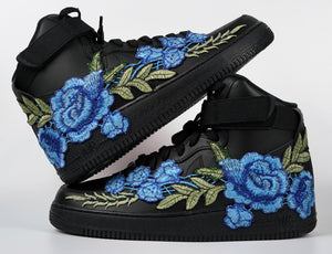 Nike Air Force 1 Custom Shoes High Black Blue Rose Flower Floral Men Women Kids All Sizes Stacked