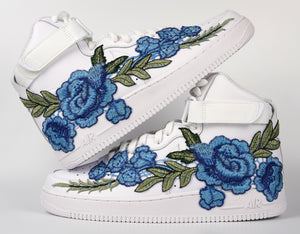 Nike Air Force 1 Custom Shoes High Blue Rose Flower Floral White Men Women Kids All Sizes Stacked