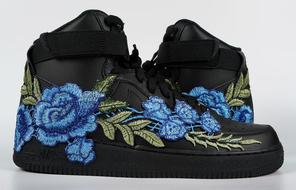 Nike Air Force 1 Custom Shoes High Black Blue Rose Flower Floral Men Women Kids All Sizes Side to Side
