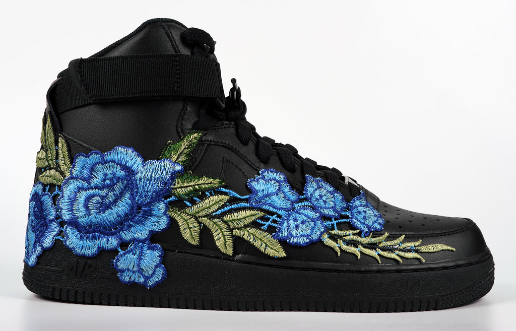 Air Force 1 Custom Shoes High Black Blue Rose Flower Floral Men