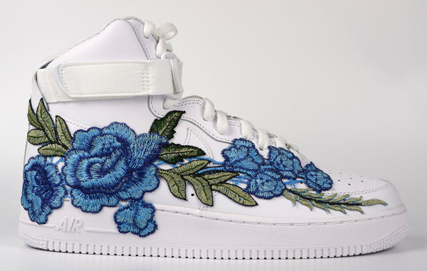 Nike Air Force 1 Custom Shoes High Blue Rose Flower Floral White Men Women Kids All Sizes Side