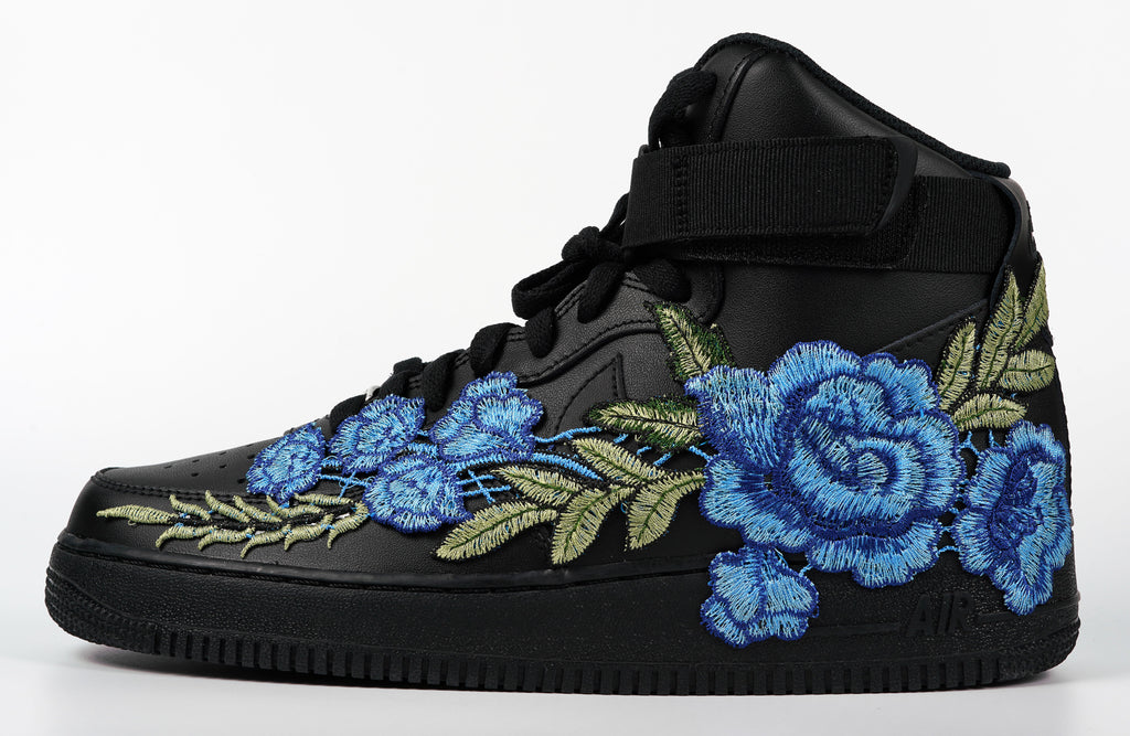 Air Force 1 Custom Shoes High Black Blue Rose Flower Floral Men