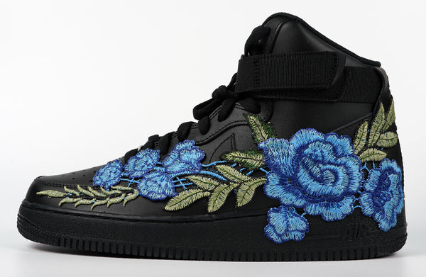 Nike Air Force 1 Custom Shoes High Black Blue Rose Flower Floral Men Women Kids All Sizes Rear Side