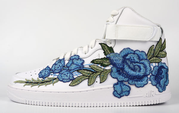 Nike Air Force 1 Custom Shoes High Blue Rose Flower Floral White Men Women Kids All Sizes Rear Side