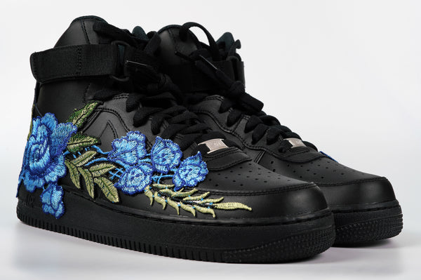 Nike Air Force 1 Custom Shoes High Black Blue Rose Flower Floral Men Women Kids All Sizes Front