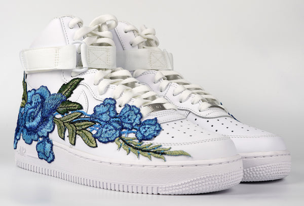Nike Air Force 1 Custom Shoes High Blue Rose Flower Floral White Men Women Kids All Sizes Front