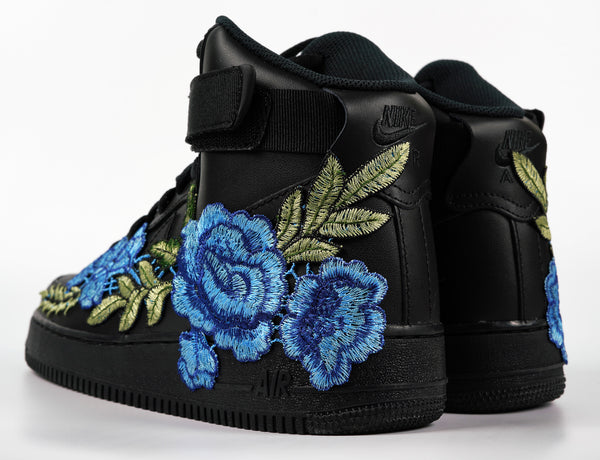 Nike Air Force 1 Custom Shoes High Black Blue Rose Flower Floral Men Women Kids All Sizes Rear