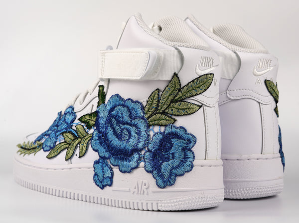 Nike Air Force 1 Custom Shoes High Blue Rose Flower Floral White Men Women Kids All Sizes Rear