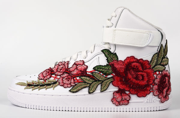 Nike Air Force 1 Custom Shoes High Red Rose Flower Floral White Men Women Kids All Sizes Rear Side