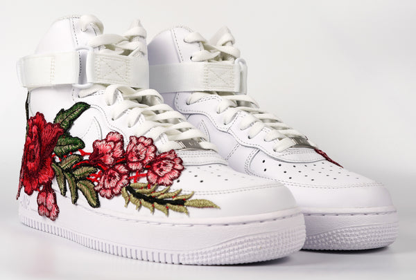 Nike Air Force 1 Custom Shoes High Red Rose Flower Floral White Men Women Kids All Sizes Front