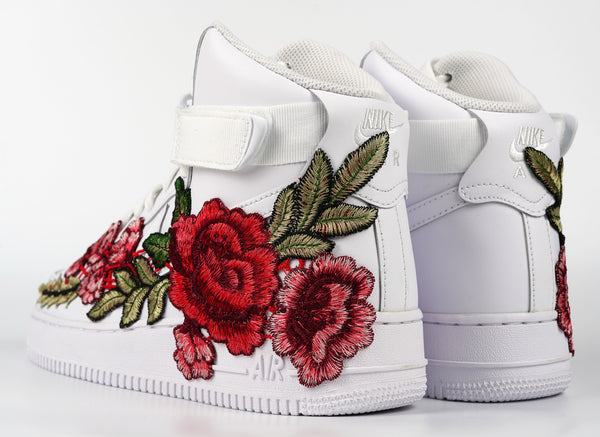 Nike Air Force 1 Custom Shoes High Red Rose Flower Floral White Men Women Kids All Sizes Rear