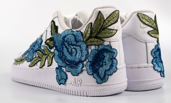Nike Air Force 1 Custom Blue Rose Low Long Flower Floral Design White Shoes Mens Womens & Kids All Sizes Rear