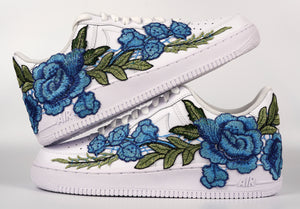 Nike Air Force 1 Custom Blue Rose Low Long Flower Floral Design White Shoes Mens Womens & Kids All Sizes Stacked