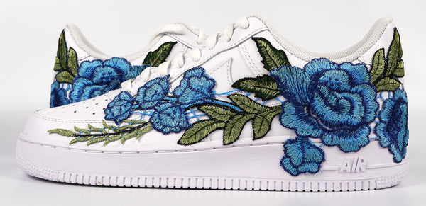 Nike Air Force 1 Custom Blue Rose Low Long Flower Floral Design White Shoes Mens Womens & Kids All Sizes Front to Back