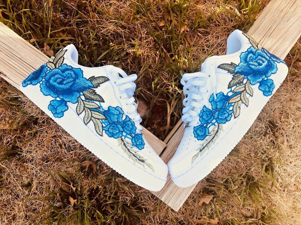 Nike Air Force 1 Custom Blue Rose Low Long Flower Floral Design White Shoes Mens Womens & Kids All Sizes Front to Front