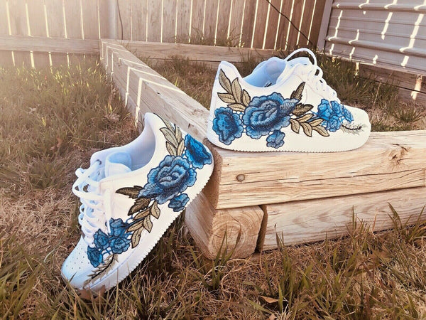 Nike Air Force 1 Custom Blue Rose Low Long Flower Floral Design White Shoes Mens Womens & Kids All Sizes Up to Down