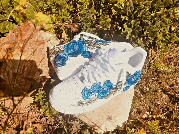 Nike Air Force 1 Custom Blue Rose Low Long Flower Floral Design White Shoes Mens Womens & Kids All Sizes Outside Photo
