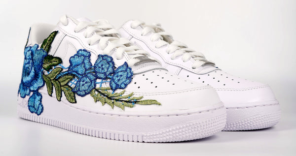 Nike Air Force 1 Custom Blue Rose Low Long Flower Floral Design White Shoes Mens Womens & Kids All Sizes Side to Side
