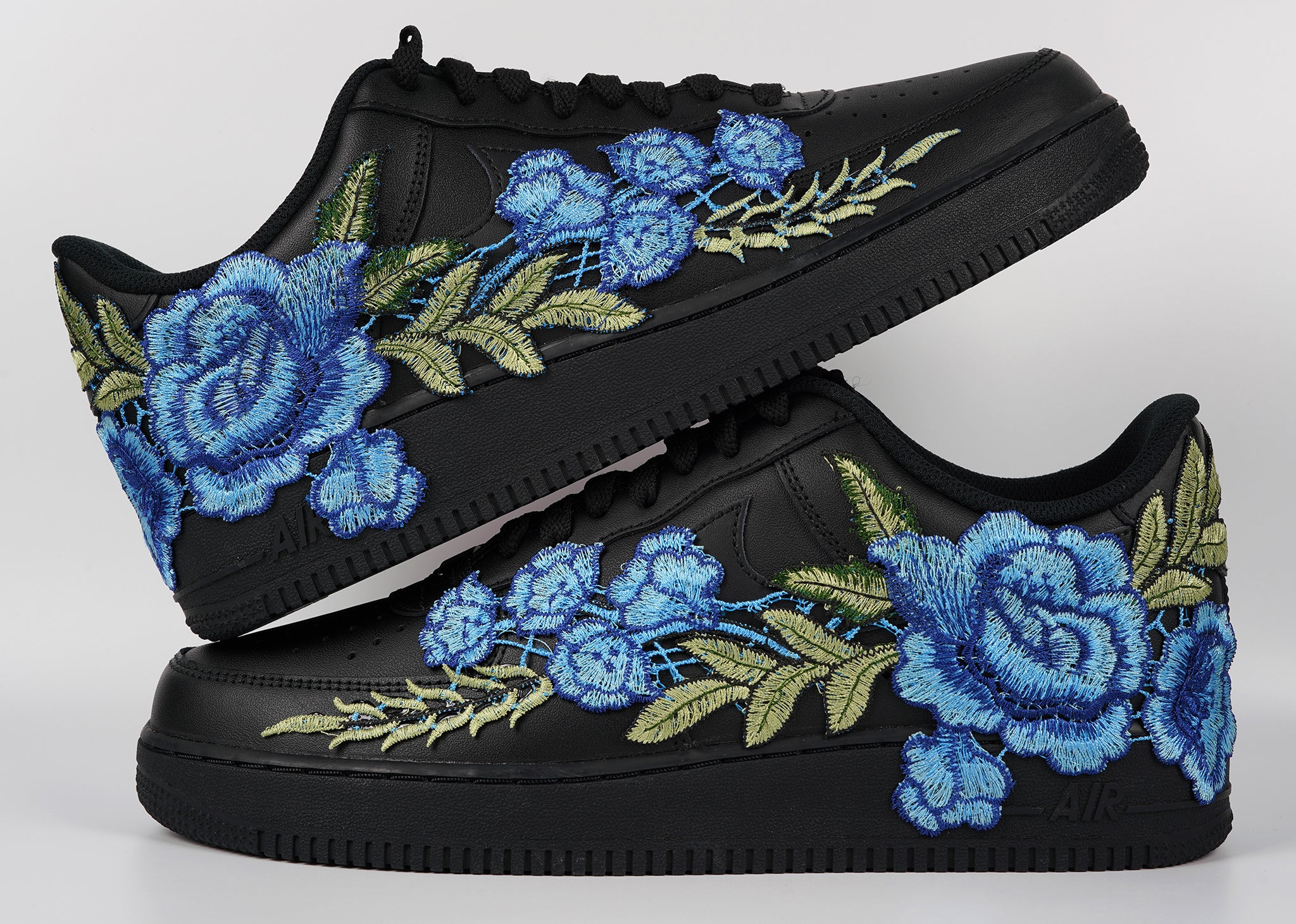 Nike Air Force 1 Custom Rose Blue Black Shoes Low Long Flower Floral Design Men Women & Kids All Sizes Stacked