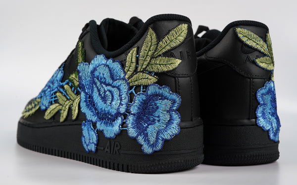 Nike Air Force 1 Custom Rose Blue Black Shoes Low Long Flower Floral Design Men Women & Kids All Sizes Rear