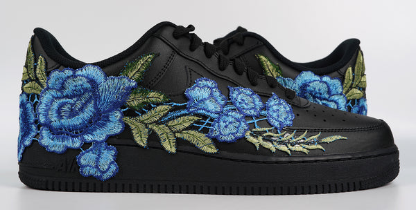 Nike Air Force 1 Custom Rose Blue Black Shoes Low Long Flower Floral Design Men Women & Kids All Sizes Front to Back