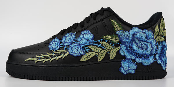 Nike Air Force 1 Custom Rose Blue Black Shoes Low Long Flower Floral Design Men Women & Kids All Sizes Right