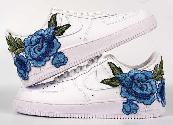 Nike Air Force 1 Custom Blue Rose Shoes Short Flower Floral Design White Low Shoes Men Women & Kids All Sizes Stacked