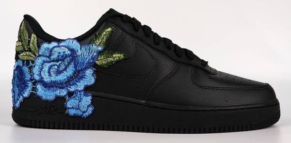 Nike Air Force 1 Custom Blue Rose Shoes Short Low Flower Floral Design Black Men Womens & Kids All Sizes Side Angle