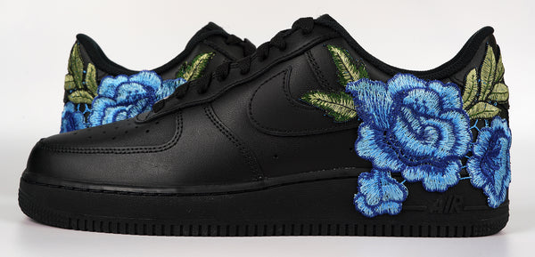 Nike Air Force 1 Custom Blue Rose Shoes Short Low Flower Floral Design Black Men Womens & Kids All Sizes Front to Back