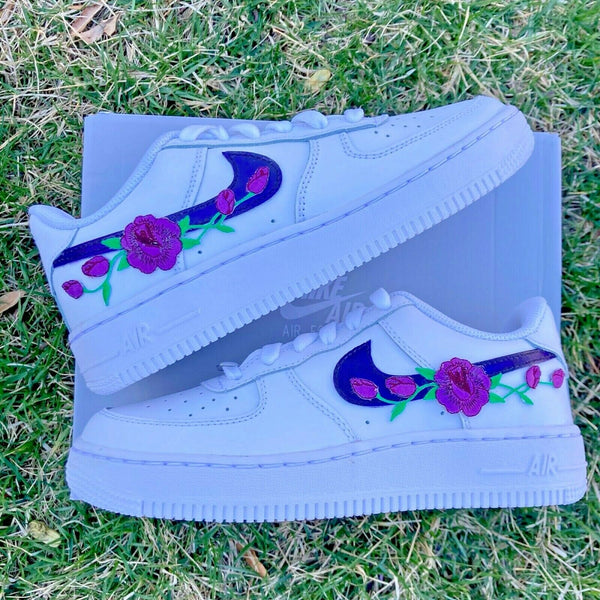 Air Force 1 Custom Dark Purple Rose Floral Flower Low Shoes Women Kids AF1 Sneakers 6