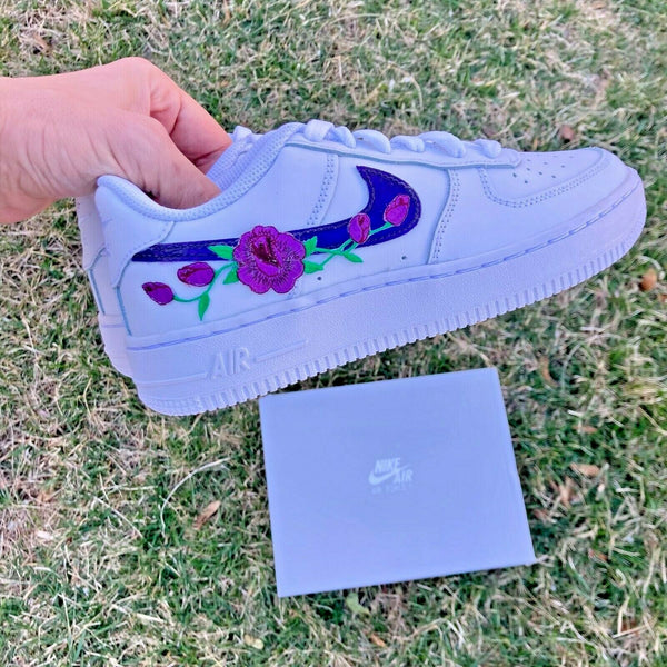 Air Force 1 Custom Dark Purple Rose Floral Flower Low Shoes Women Kids AF1 Sneakers 7