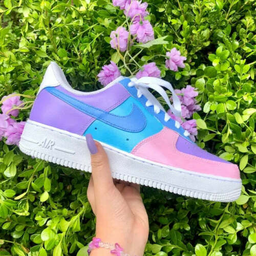 Womens Nike Air Force 1 Blue and Pink Customized Sneakers 