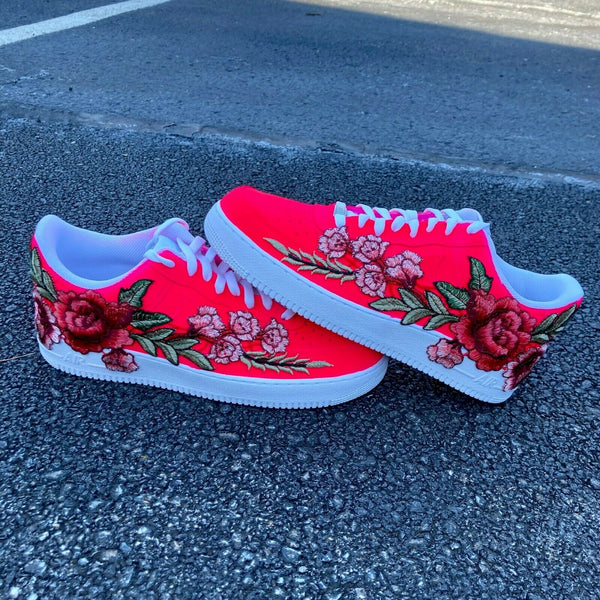 Air Force 1 Custom Low Neon Pink Red Rose Floral White Shoes Men Women AF1 Sneakers 7