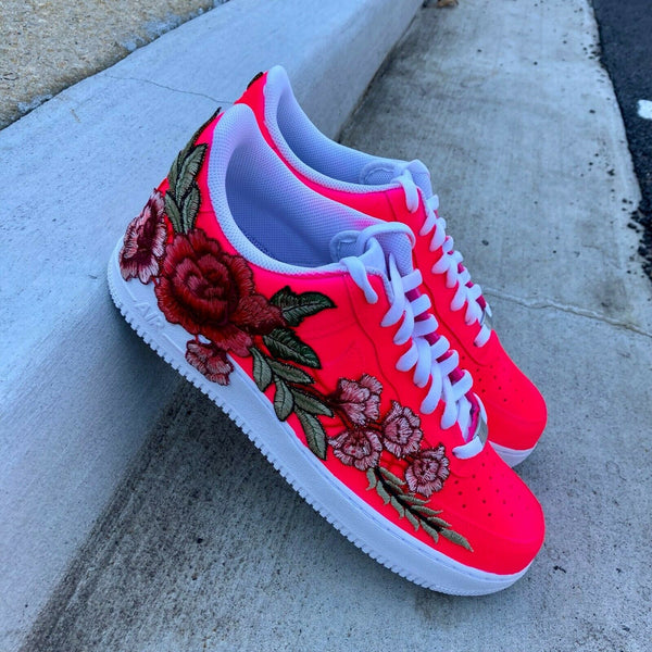 Air Force 1 Custom Low Neon Pink Red Rose Floral White Shoes Men Women AF1 Sneakers 8