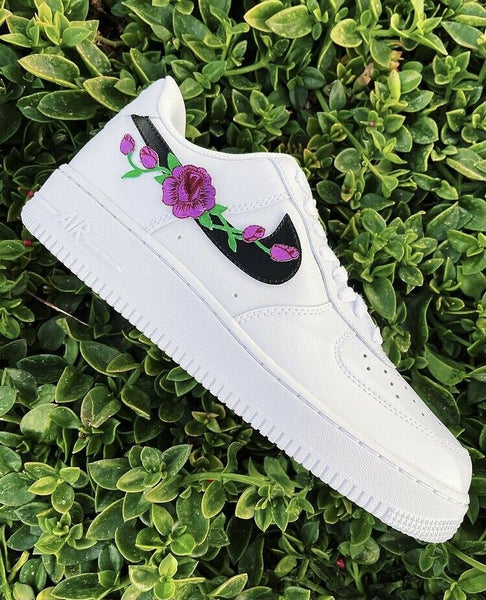 Air Force 1 Custom Low Purple Rose Floral White Black Shoes Women Kids AF1 Sneakers 5