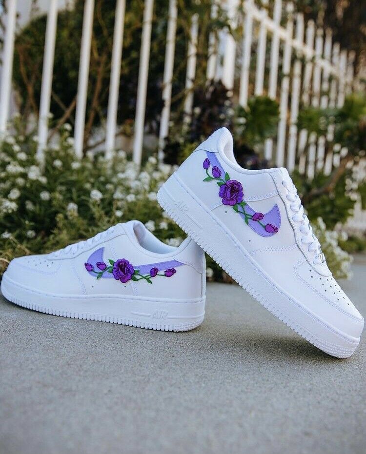 Air Force 1 Custom Low Purple Small Rose Floral White Shoes Mens Women Kids AF1 Sneakers
