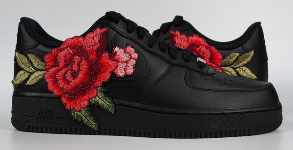 Nike Air Force 1 Custom Low Red Rose Flower Floral Black Shoes Men Women & Kids All Sizes Front to Back